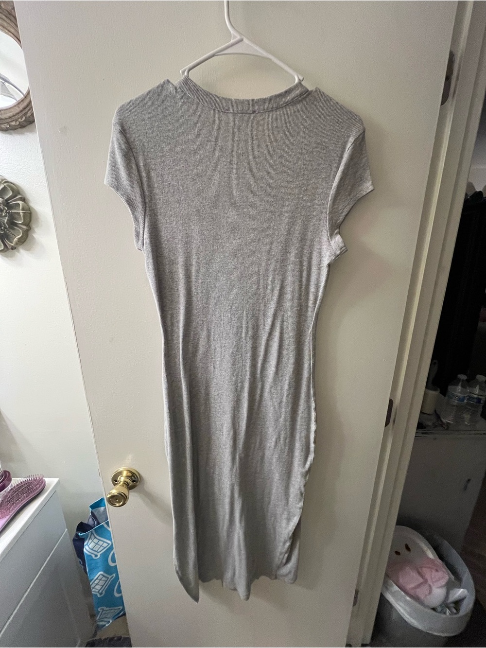 Casual Heather Gray Midi Tee Dress with Side Slit - Picture 3 of 5